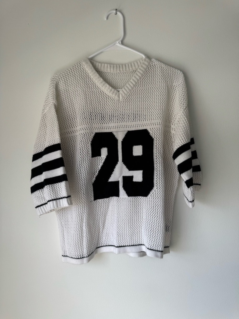 Men's White V-Neck Knit Sweater with Black '29' Graphic